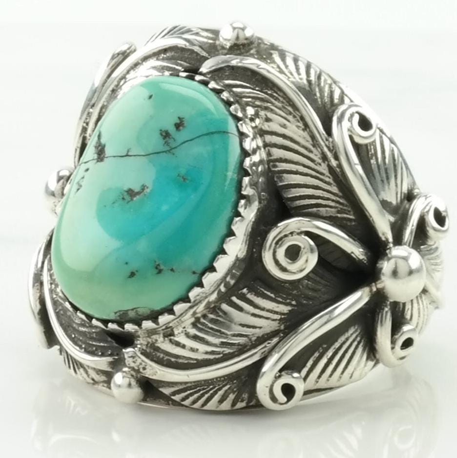 Vintage Native American Silver Ring Turquoise Leaf Sterling Blue Size 10