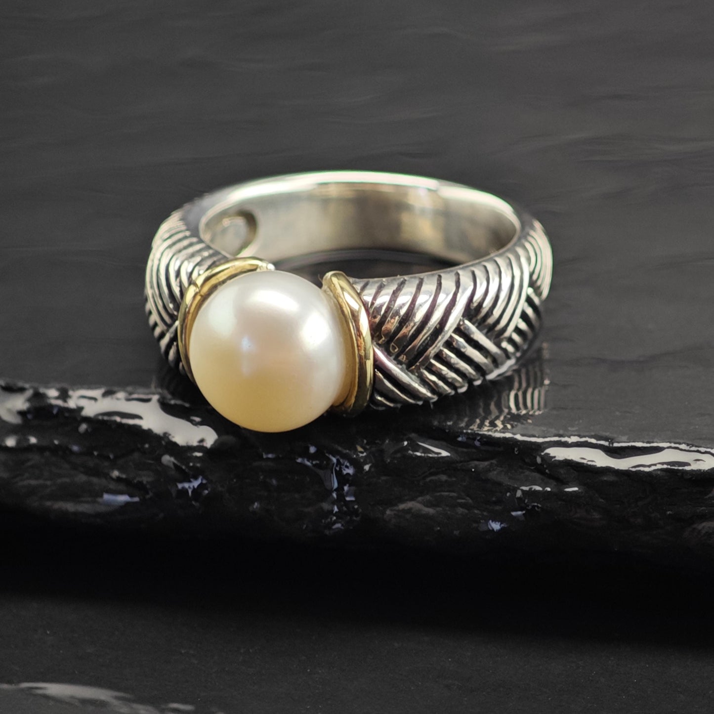 Pearl 14K Gold Accent Sterling Silver Ring Sz 7 R6732