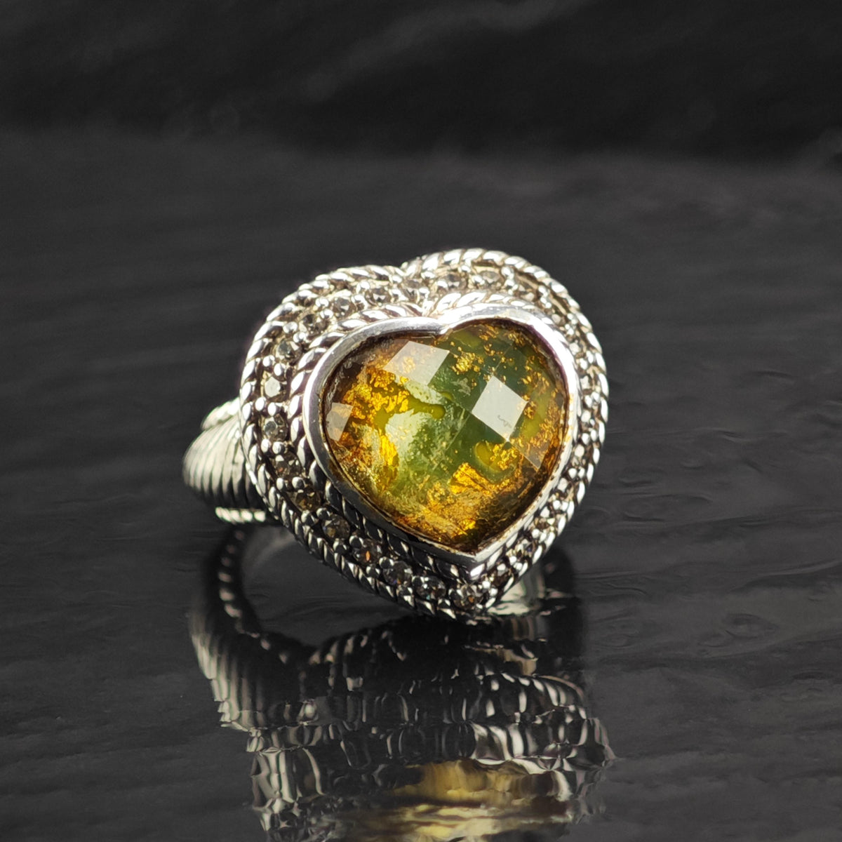 Vintage Judith Ripka Heart Quartz Doublet CZ Sterling Silver Ring Sz 4 R6819