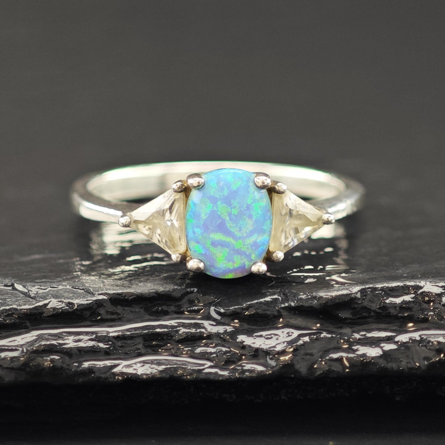 Sterling Silver Ring Lab Opal and CZ Stone Size 7 3/4 R6218