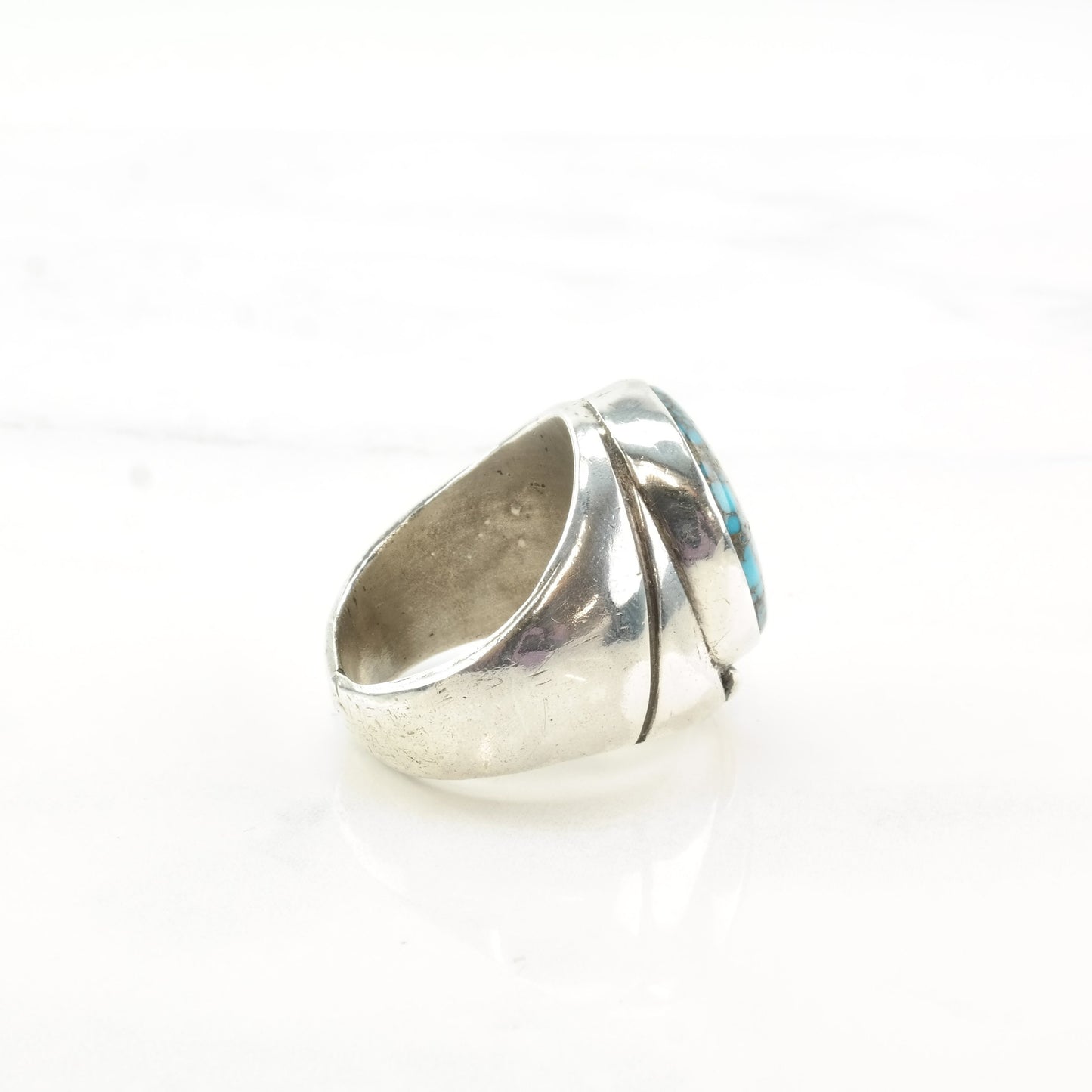 Native American Silver Ring Lone Mountain Spiderweb Turquoise Hairline Crack Sterling Size 8 1/4