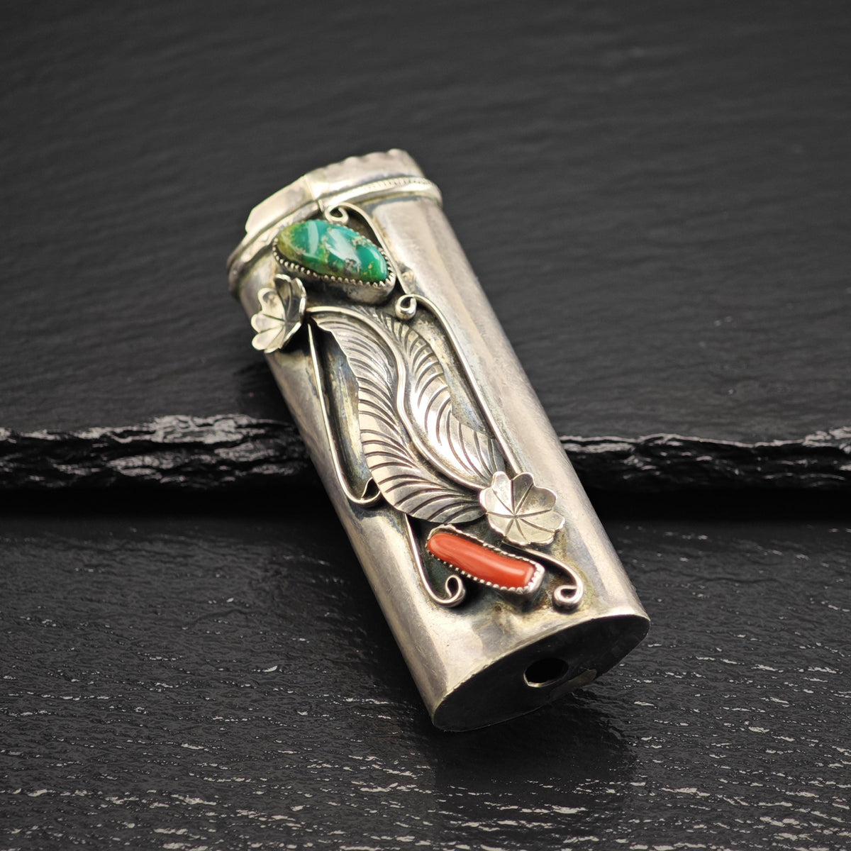 Native American Turquoise & Coral Flora Lighter Cover Sterling Silver MISC0399