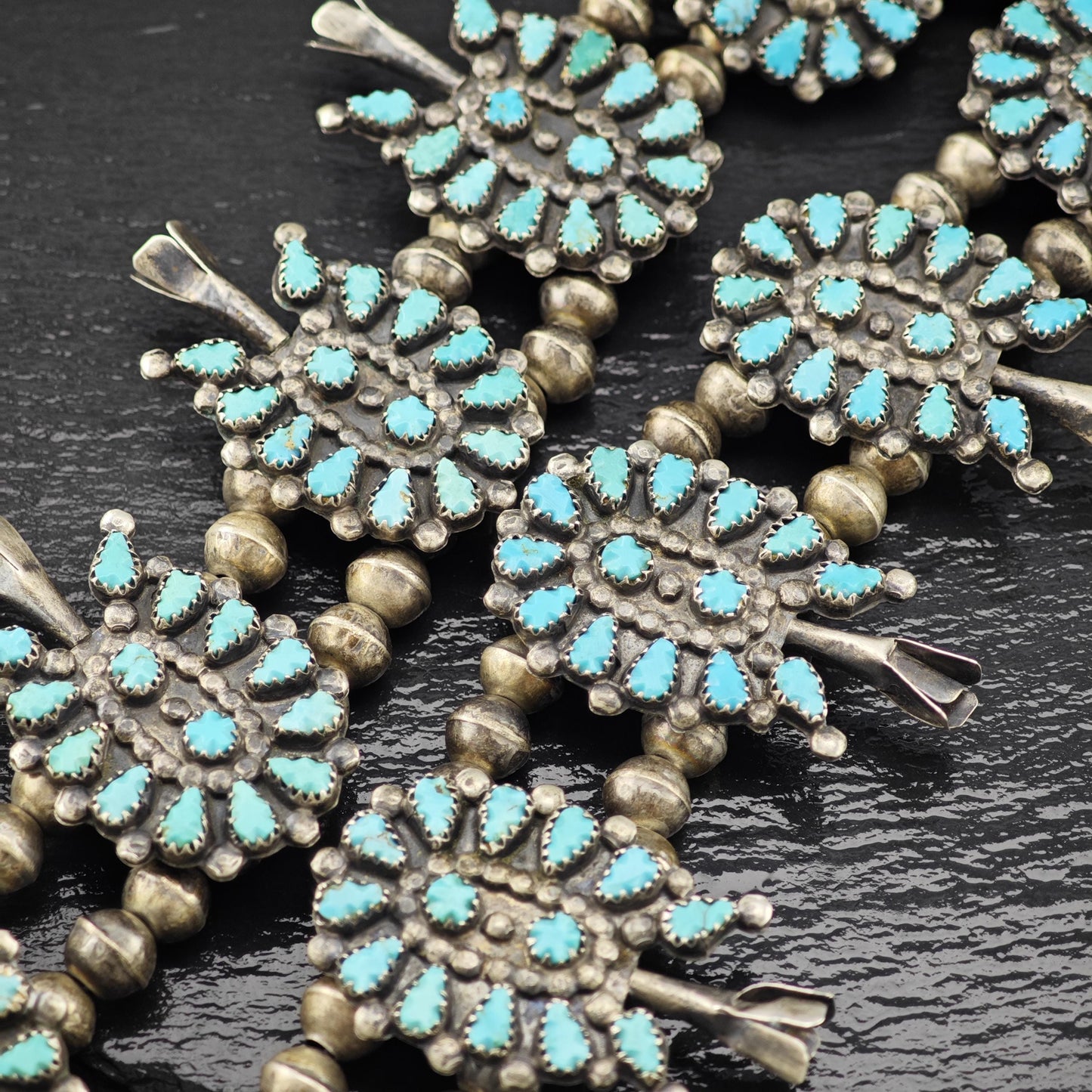 Zuni Carved Turquoise Cluster Squash Blossom Necklace Sterling Silver 30 1/2" N2668