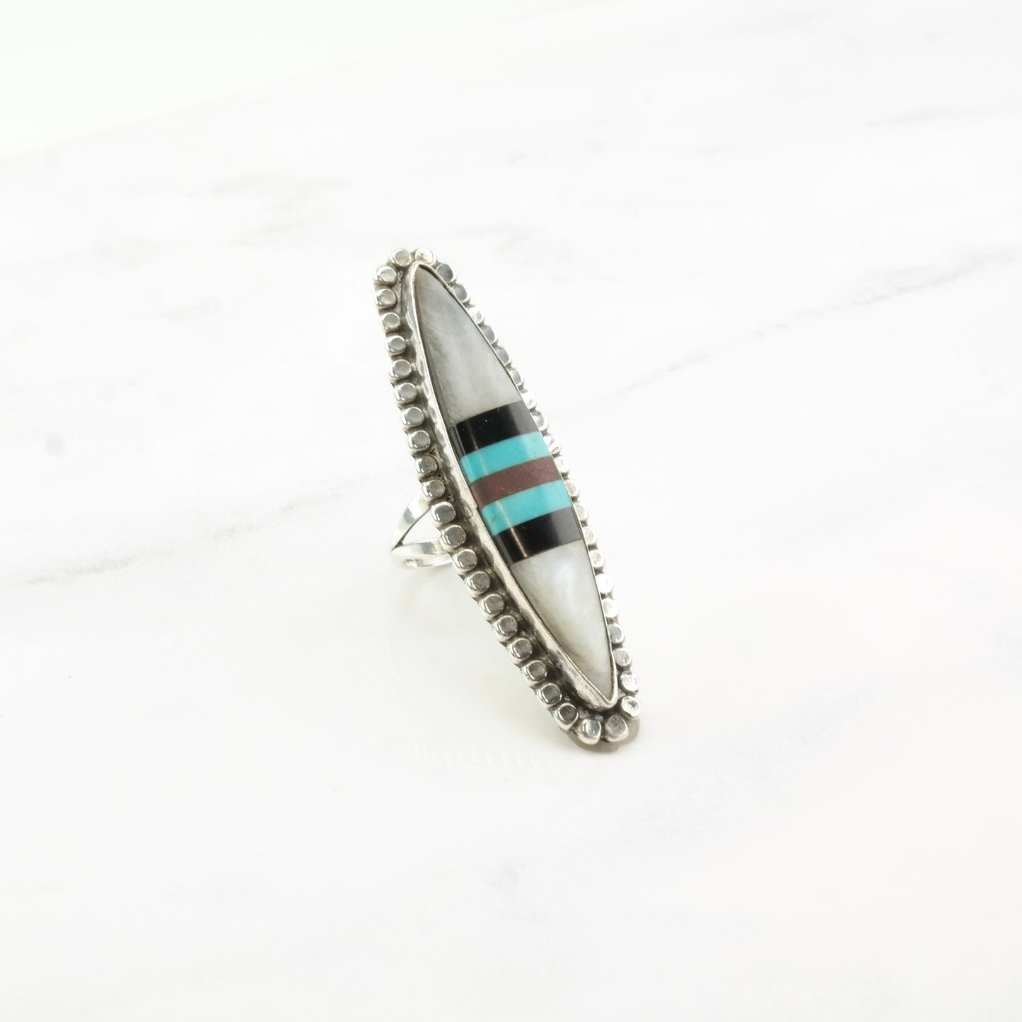 Zuni Silver Ring MOP Onyx Turquoise Navette Long Oval Inlay Sterling Size 6 1/2