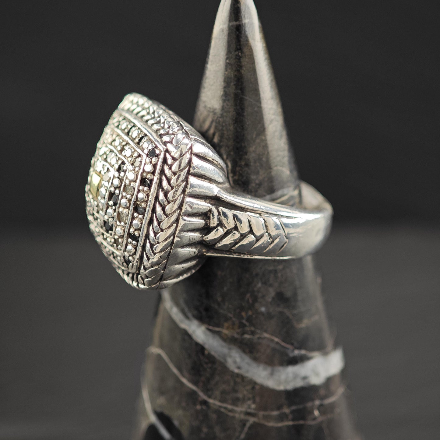 Ring Sterling Silver Squared Dome Black And White Diamond 14K Gold Accent R5843