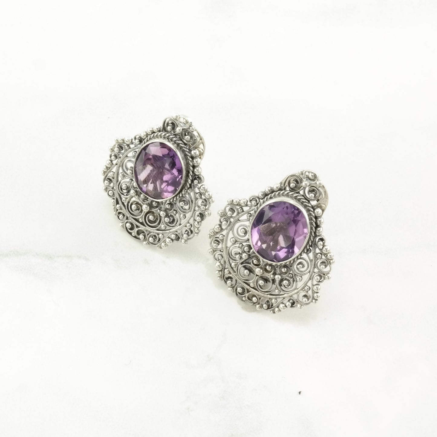 Mid Century Sterling Silver Purple Amethyst Filigree Earrings Clip On