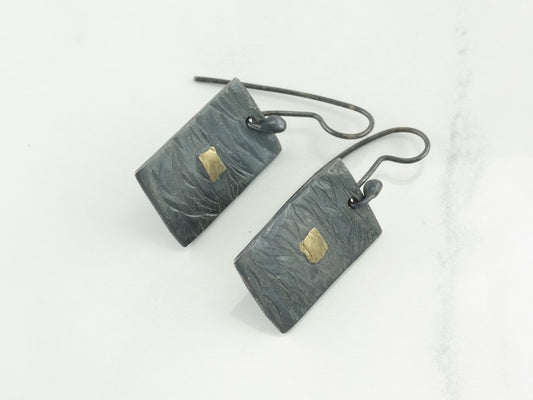 Modernist Sterling Silver Rectangular 18k Gold Fish Hooks Earrings