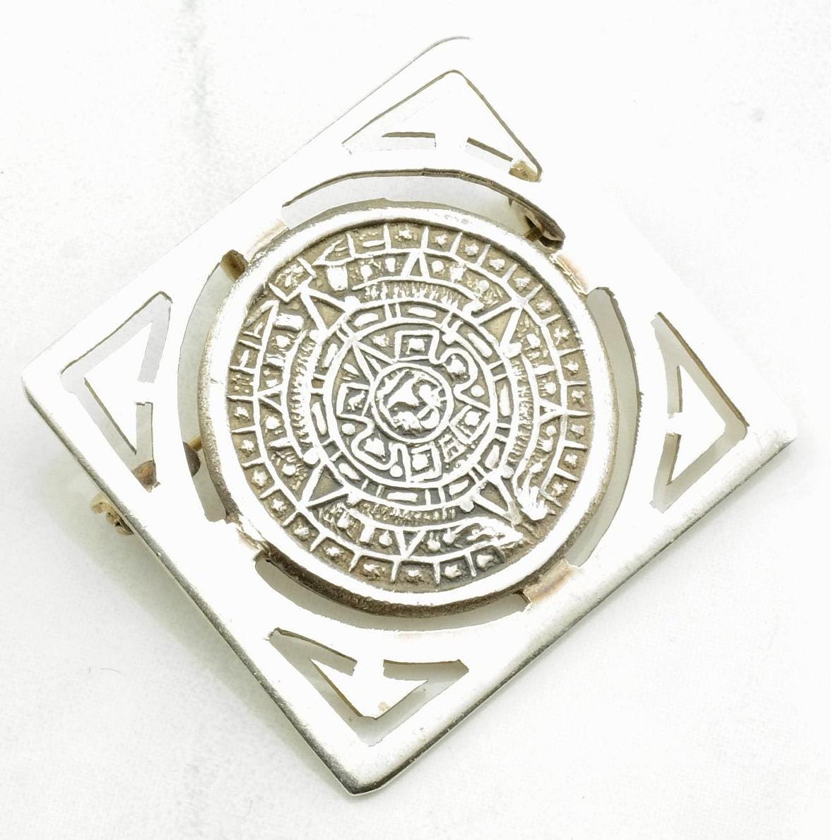 Aztec Calendar Sterling Silver Pendant Brooch