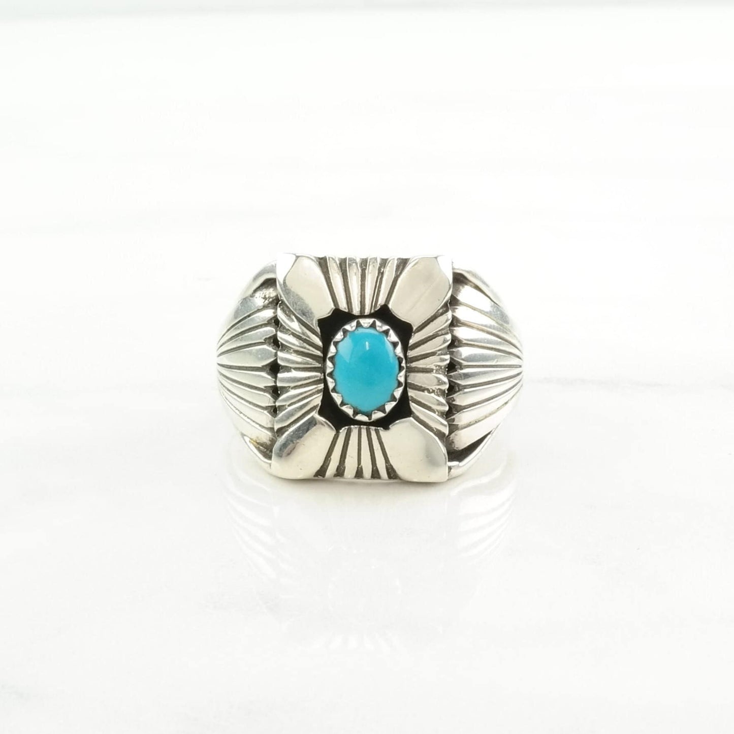 Native American Silver Ring Turquoise Stamped, Shield Sterling Blue Size 11 1/