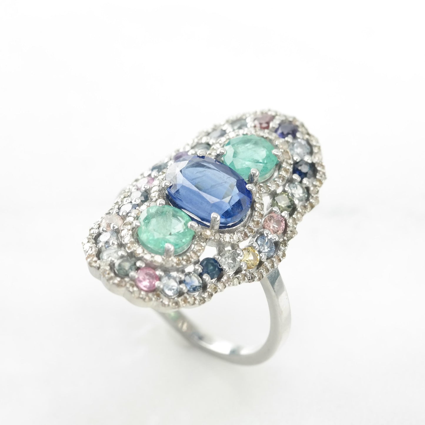 Emerald Diamond Sapphire Silver Ring Sterling