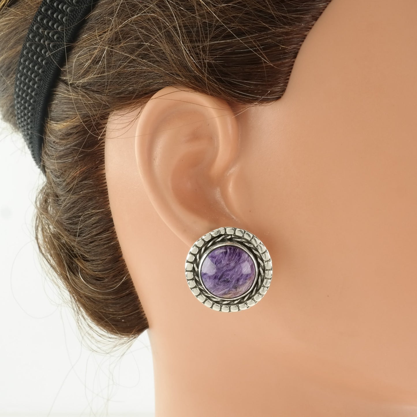 Vintage Sterling Silver Stud Earrings Native American Purple Charoite Circle