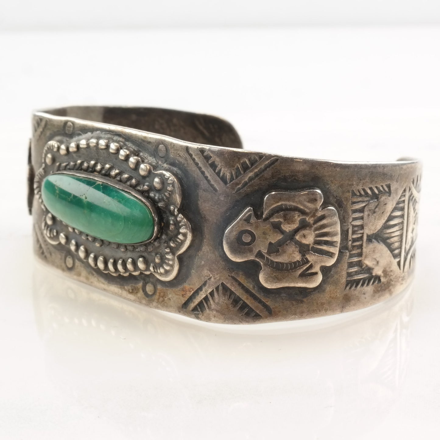 Native American Sterling Silver Cerillos Turquoise Eagle Fred Harvey Era Cuff Bracelet