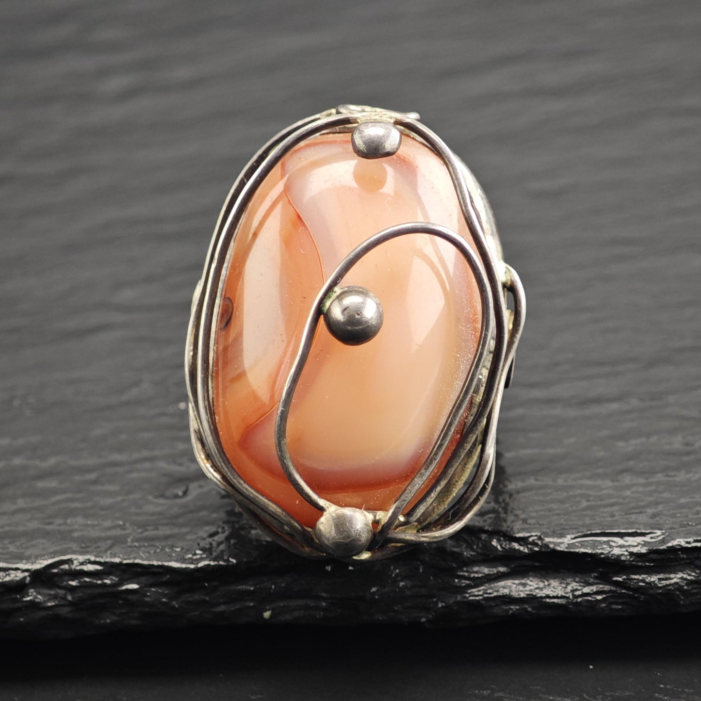 Large Handmade Pink Agate Wire Overlay Design Sterling Silver Ring Sz 8 R6634