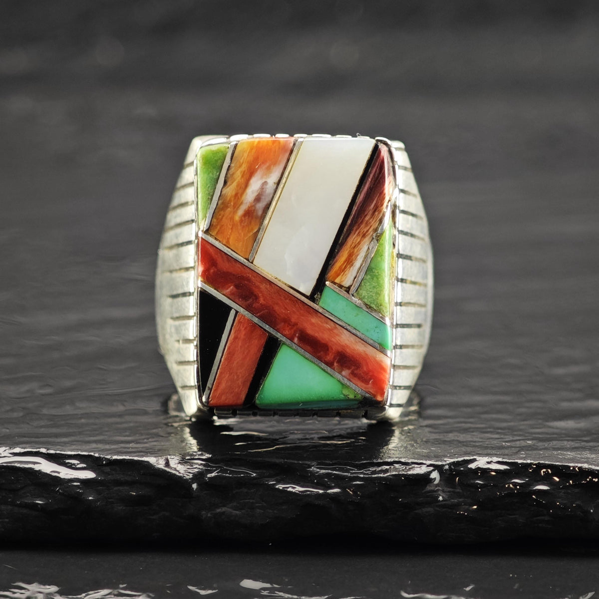 Navajo Multistone Inlay Rectangle Sterling Silver Ring Sz 13 R6862