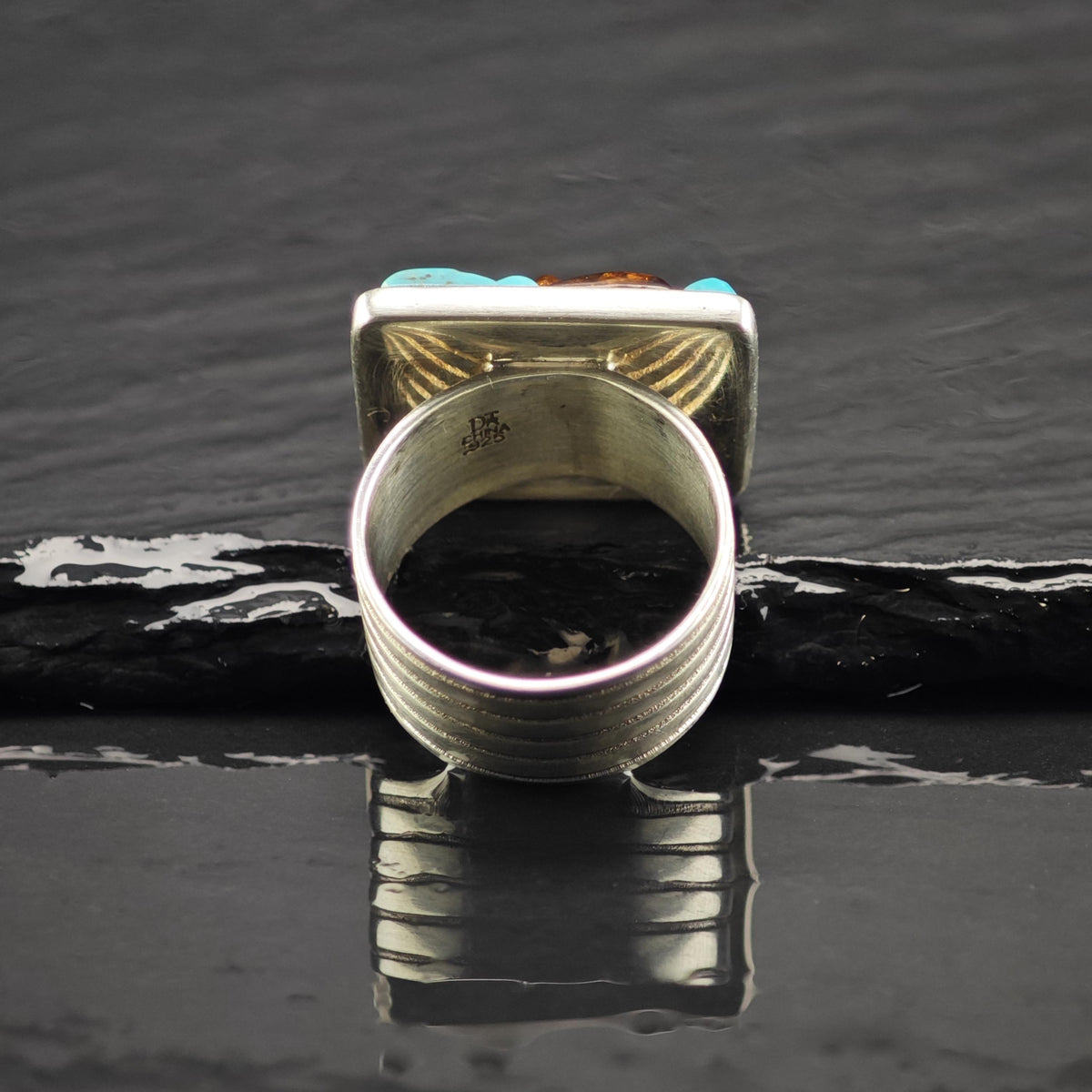 Turquoise Amber Inlay Rectangle Sterling Silver Ring Sz 7 R6865