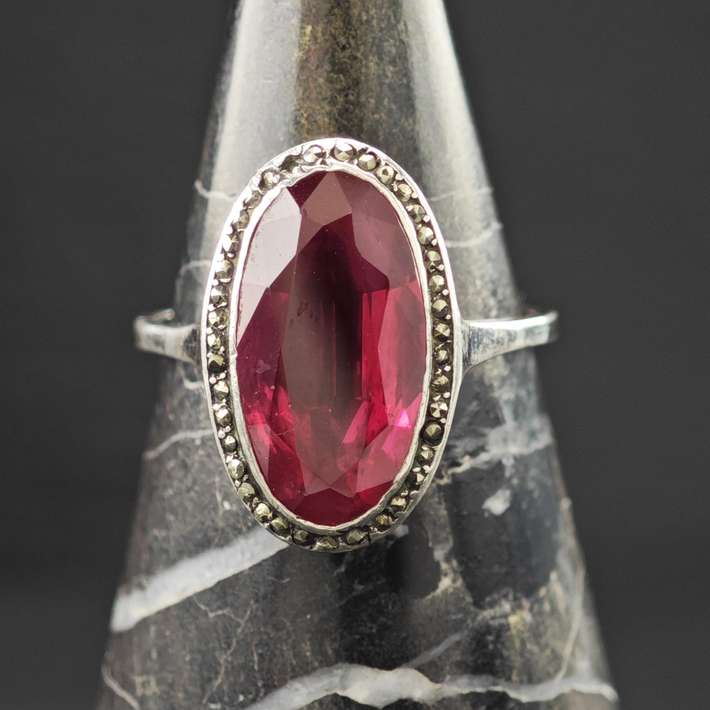 Art Deco Style Lab Ruby Ring Sterling Silver Sz 7 R6186