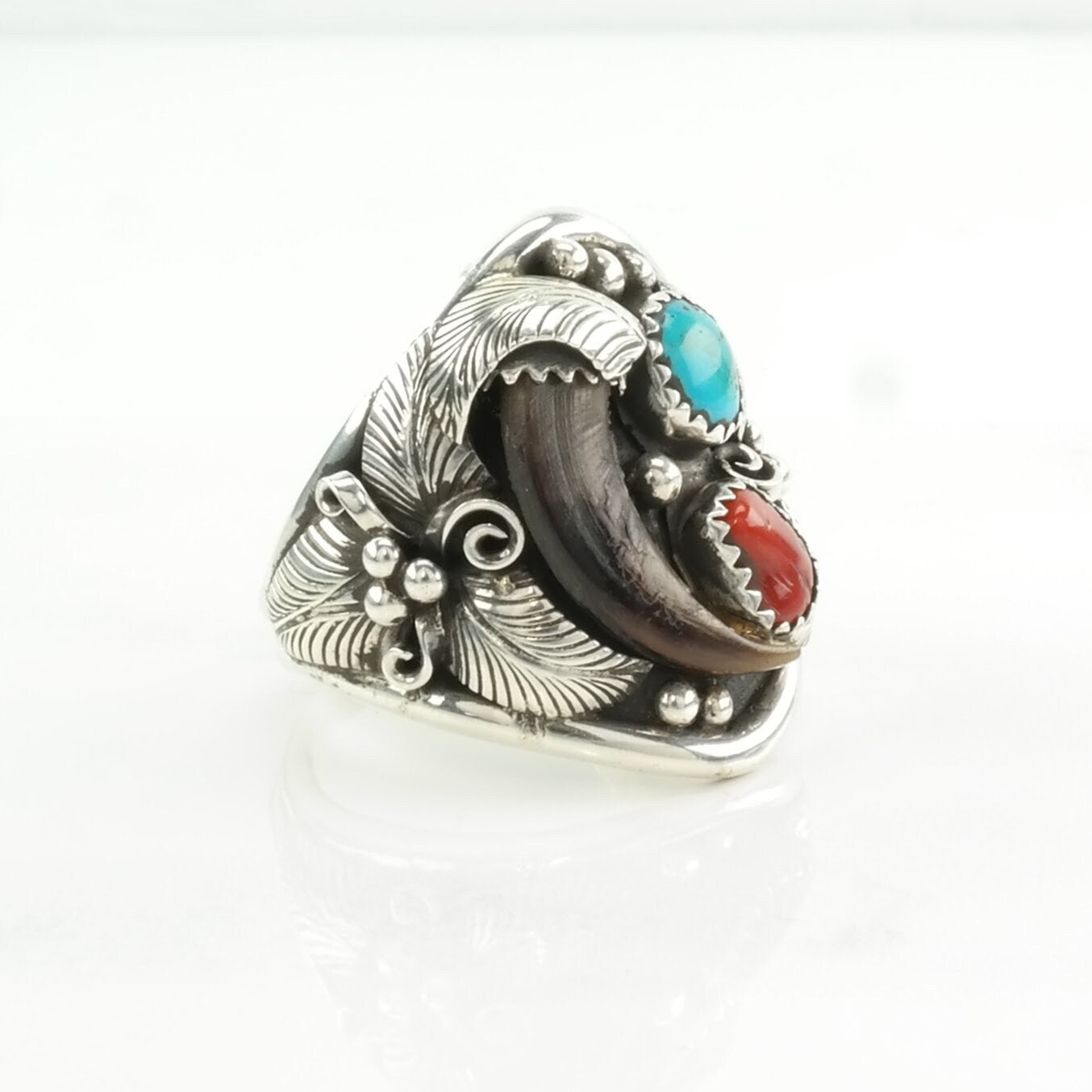 Native American Silver Ring Turquoise, Coral, Coyote Claw Leaf Sterling Blue, Red Size 12 1/2