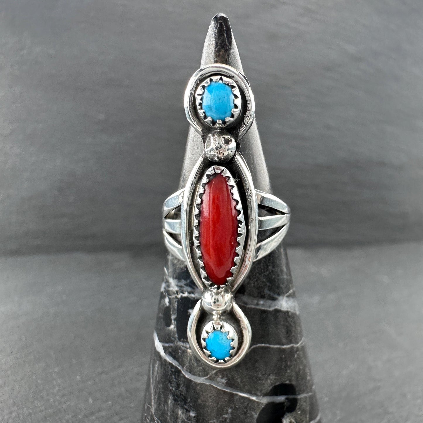 Native American, Coral, Turquoise Ring Sterling Silver
