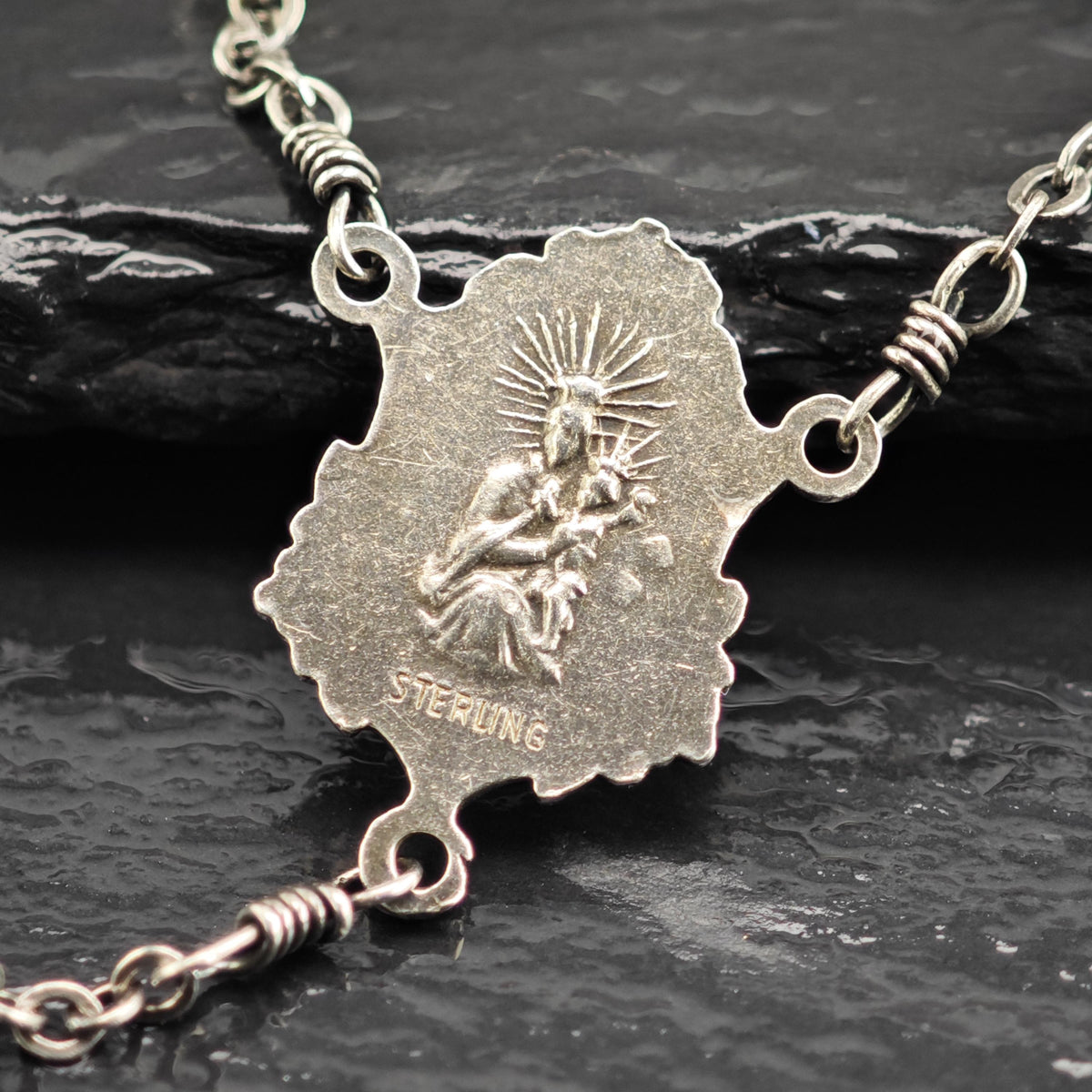 Vintage Clear Beaded Rosary Necklace Sterling Silver N2784