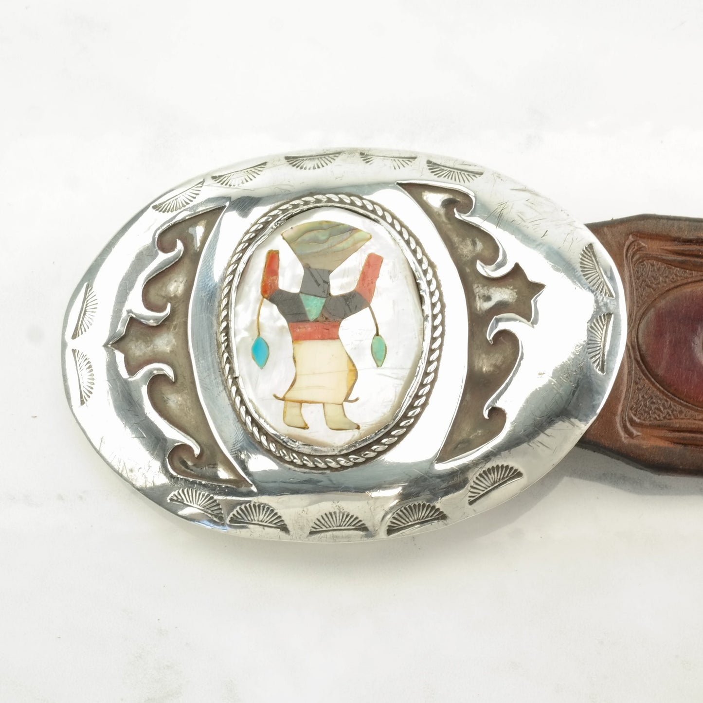 Signed Native American Leather Belt with MOP, Onyx, Inlay Dancing Figure Sterling Silver Buckle