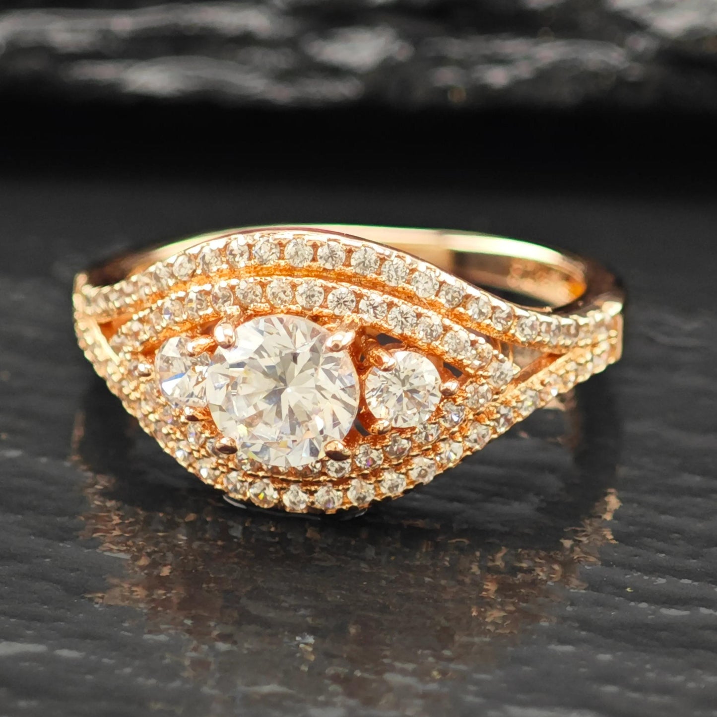 CZ 14K Rose Gold Plated Ring Sterling Silver Sz 8 3/4 R6165