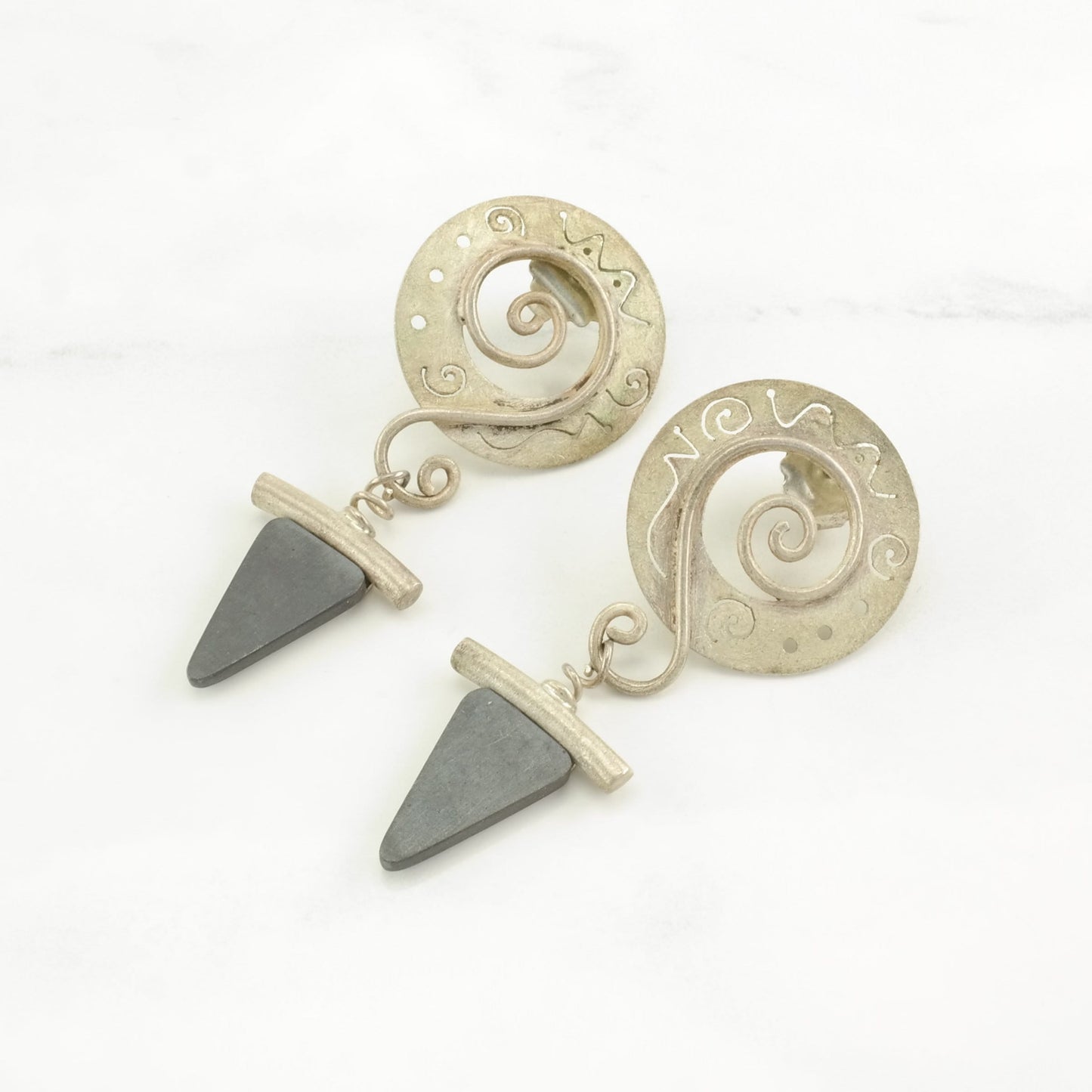 Vintage Sterling Silver Stud, dangle Earrings Swirl Triangle