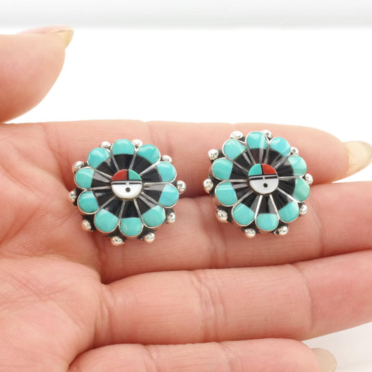 Vintage Zuni Native American Stud Earrings Sterling Silver Sunface Inlay