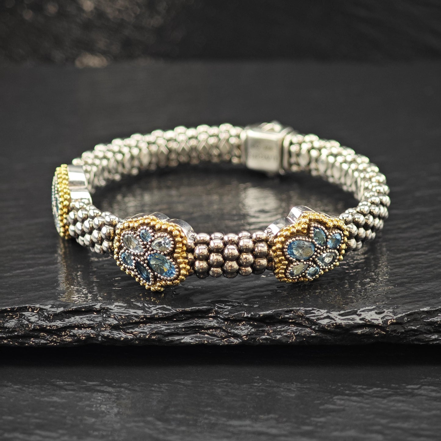 LAGOS 18K Yellow Gold, Blue Topaz Caviar Bracelet Sterling Silver Sz 6 1/4"