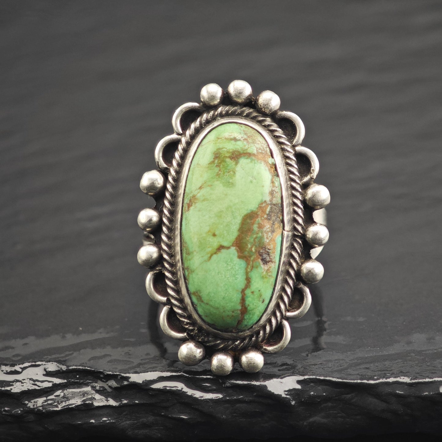 Oval Green Turquoise Sterling Silver Ring Sz 7 1/4 R6670