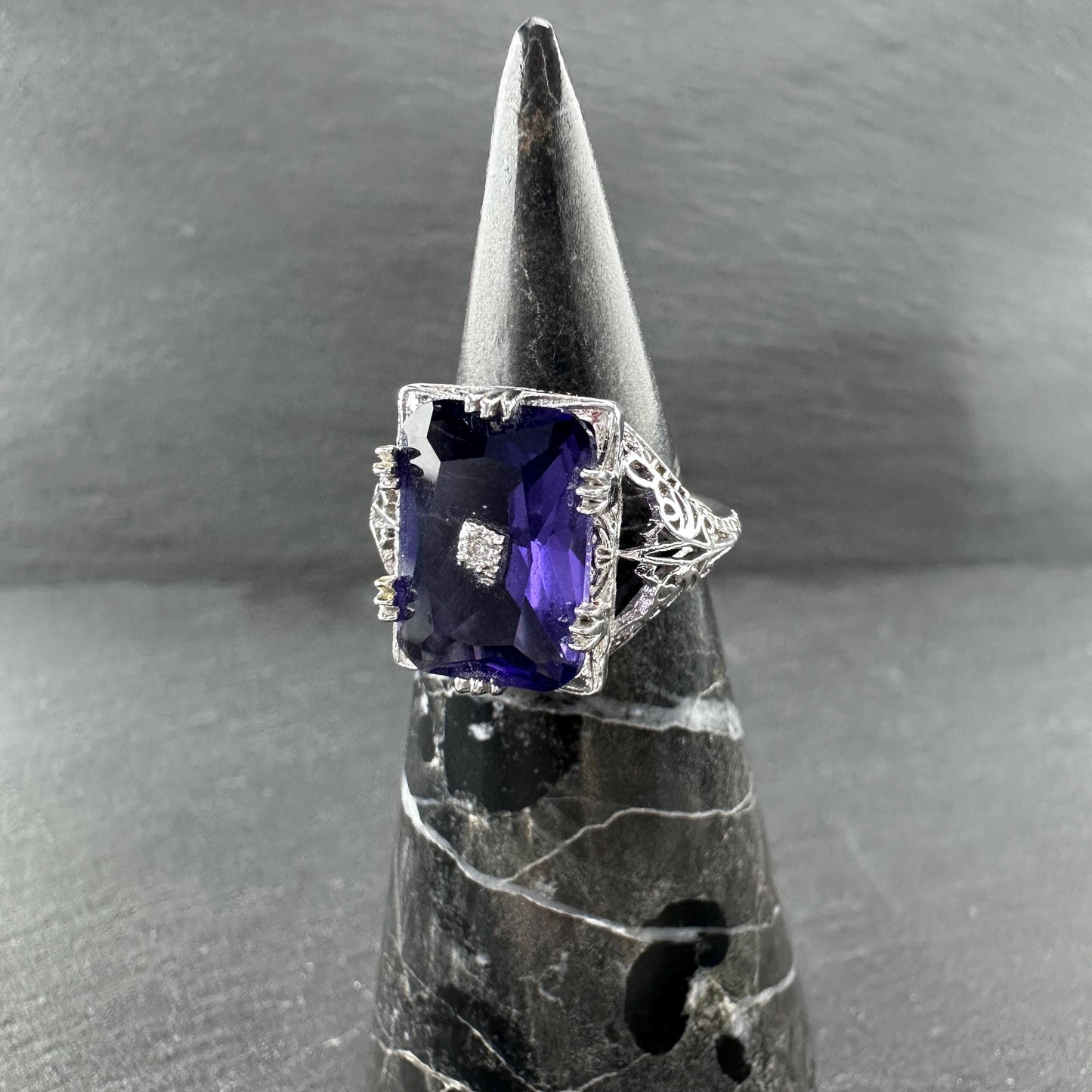 Art Deco Style Amethyst, Diamond Chip Ring Sterling Silver