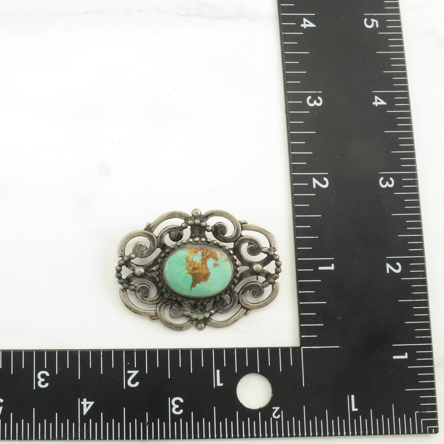 Vintage Hand Wrought Sterling Silver Brooch Scroll Green Turquoise