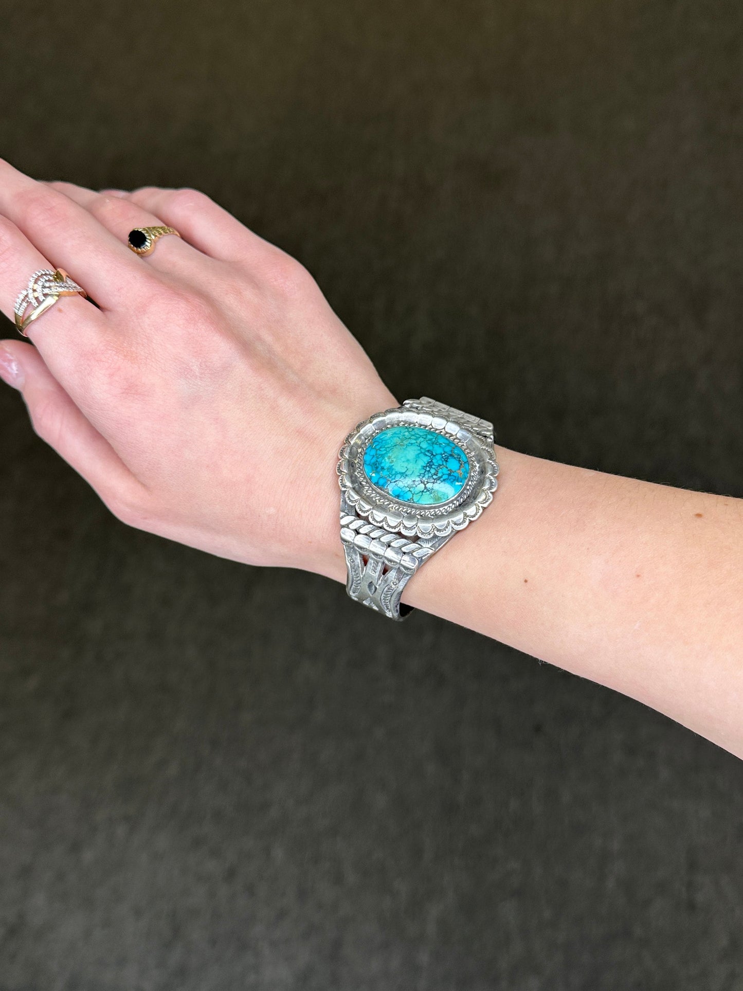 Native American Sterling Silver Turquoise Oval Spiderweb Ingot Heavy Stamping Cuff Bracelet