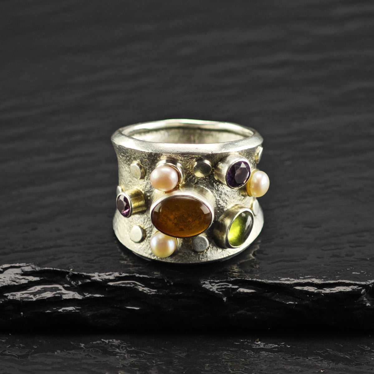 Multistone Abstract Band Sterling Silver Ring Sz 8 R6879