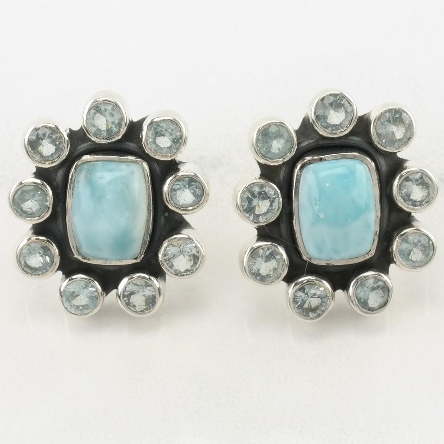 Vintage Sterling Silver Stud Earrings Blue Larimar, Aquamarine Cluster