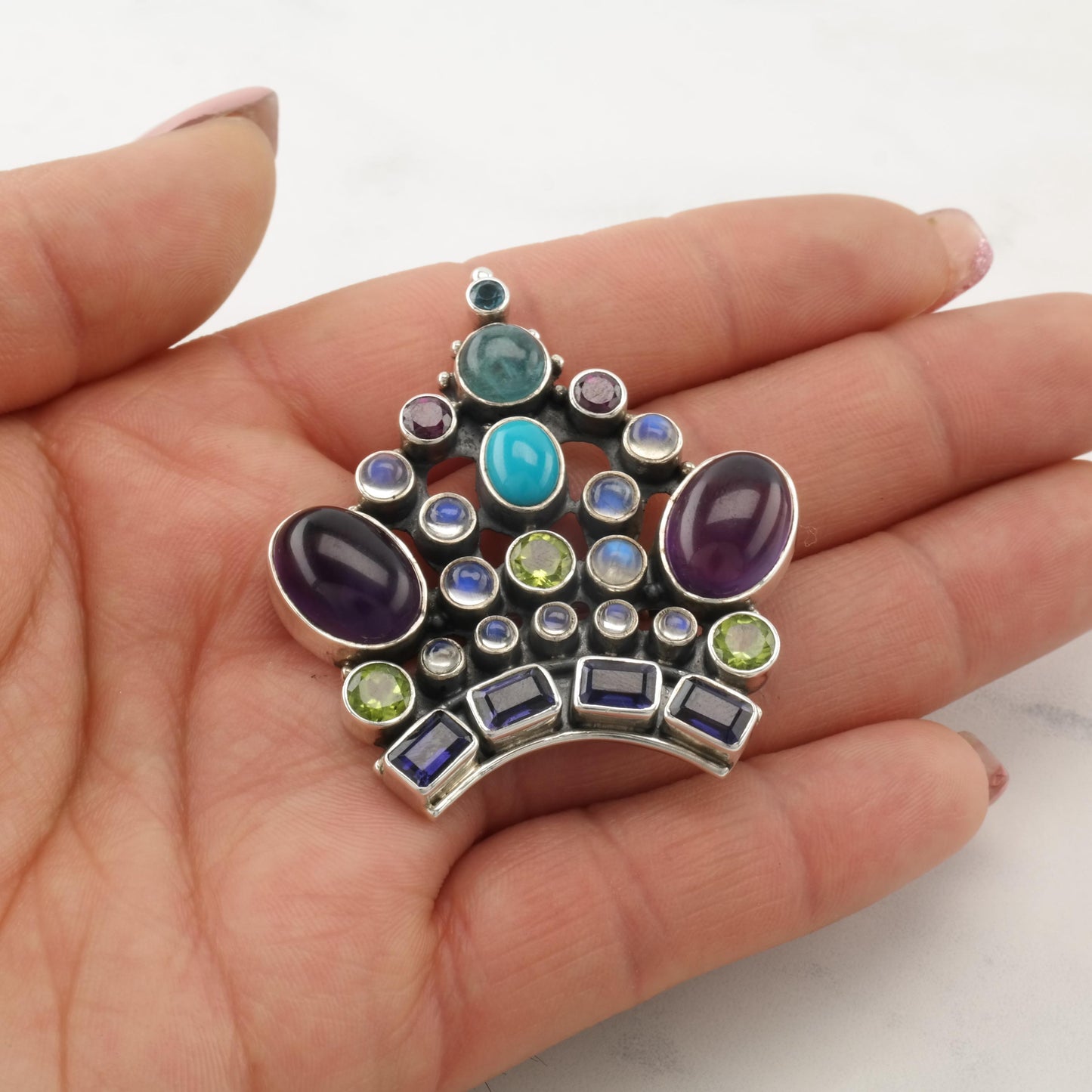 Vintage Nicky Butler Sterling Silver Crown Brooch Gemstone