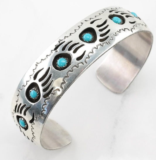 Native American Sterling Silver Cuff Bracelet Blue Turquoise Shadowbox, Bear Claw, Paw