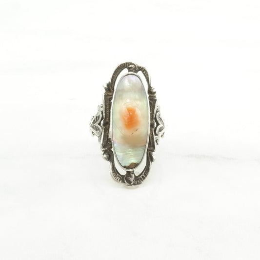 Art Deco Silver Ring Blister Pearl Navette Sterling Size 6