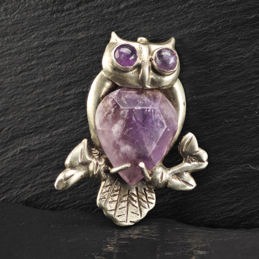 Mexican Amethyst Owl Sterling Silver Brooch B2273