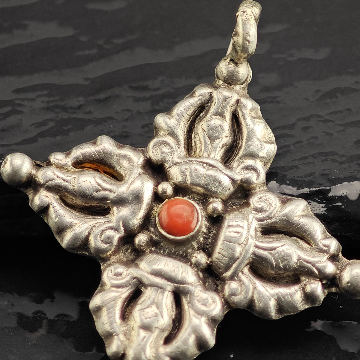 Etruscan Coral Cross Sterling Silver Pendant P3144
