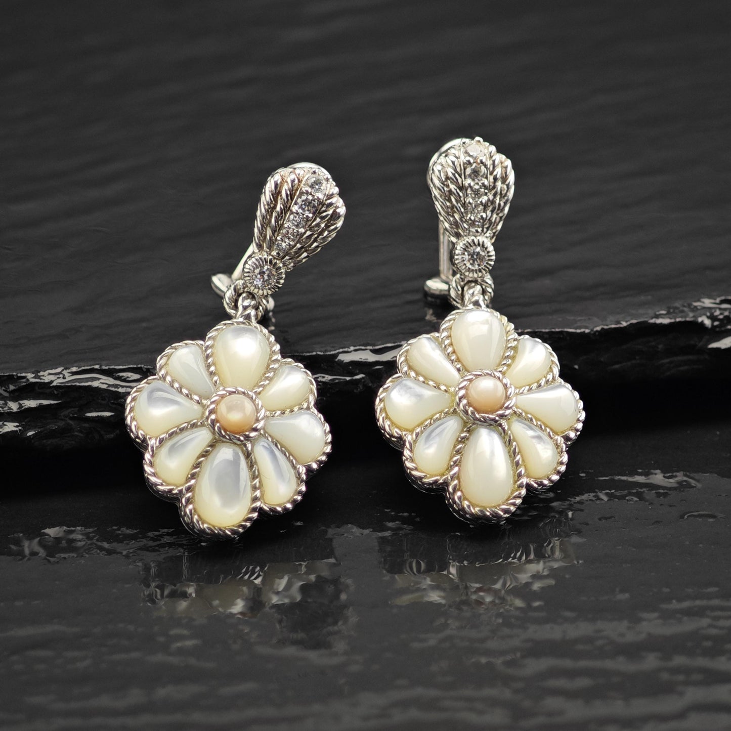 Vintage Judith Ripka Mother of Pearl, CZ Omega Back Sterling Silver Earrings ER3192
