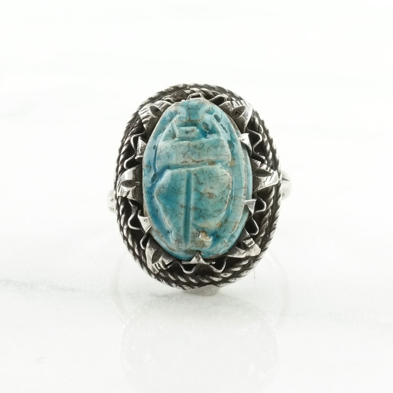 Archeological Revival Silver Ring Wood Carved Scarab Sterling Blue Size 7