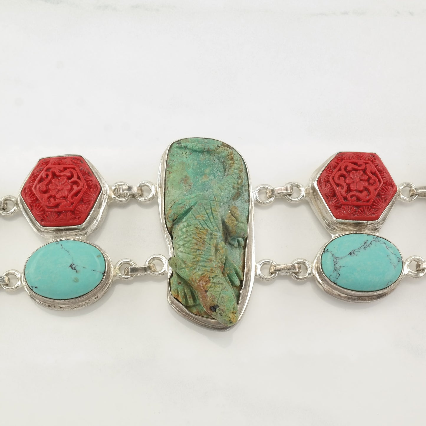 Sterling Silver Turquoise, Cinnabar, Lizard, Carved Link Bracelet