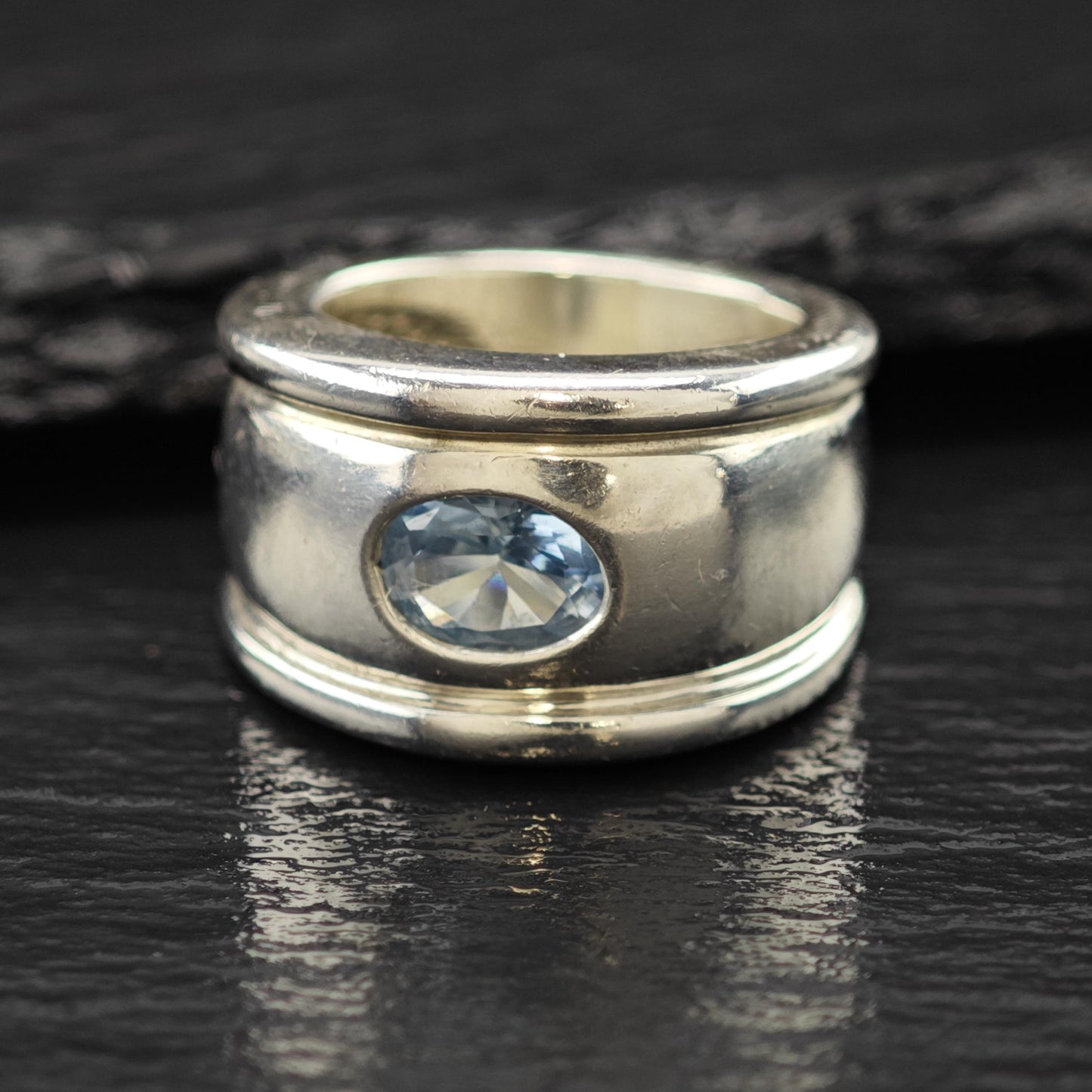 Sterling Silver Ring Wide Band with Blue Topaz Size 6 R6100