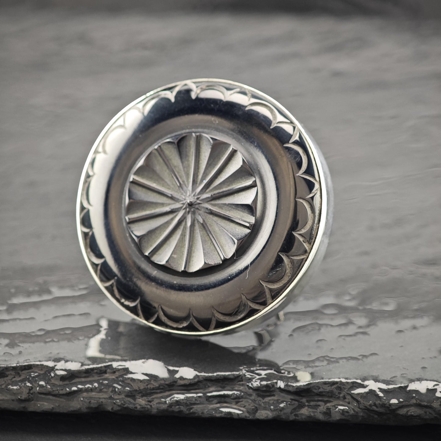 Large Carved Black Gemstone Ring Sterling Silver Size 9