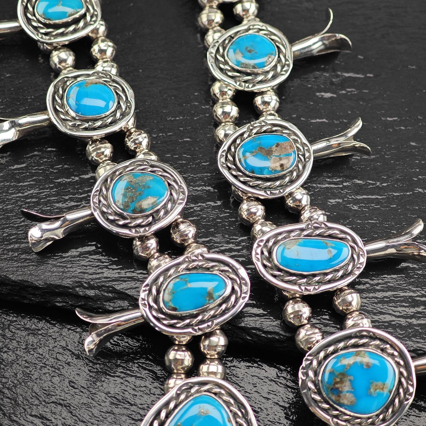Large Southwest Blue Turquoise Squash Blossom Necklace and Earring Set in Sterling Silver