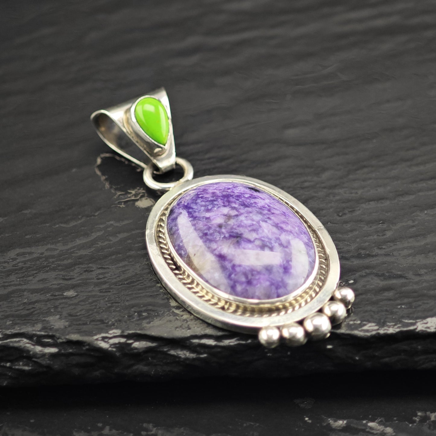 Vintage Running Bear Charoite Pendant Sterling Silver P3065