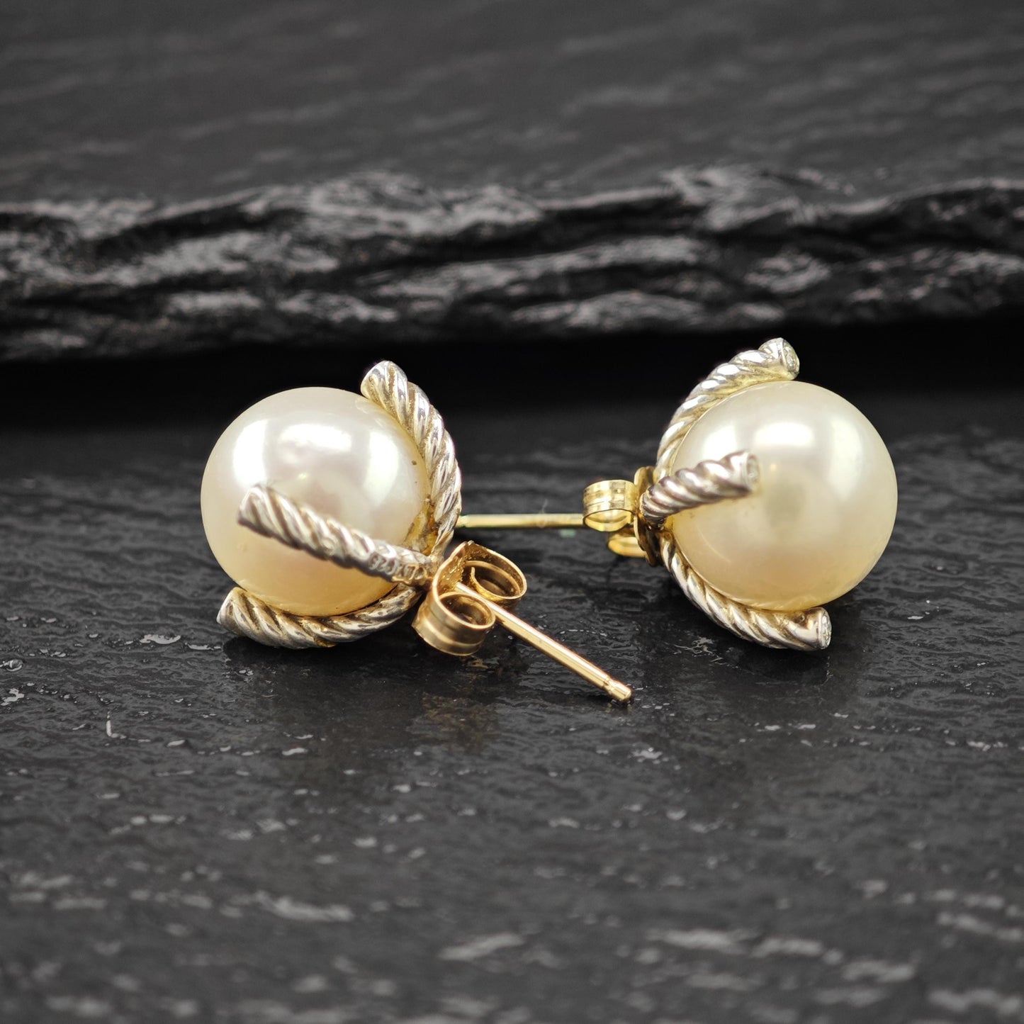Vintage David Yurman White Pearl, Diamond 14k Gold Post Sterling Silver Stud Earrings