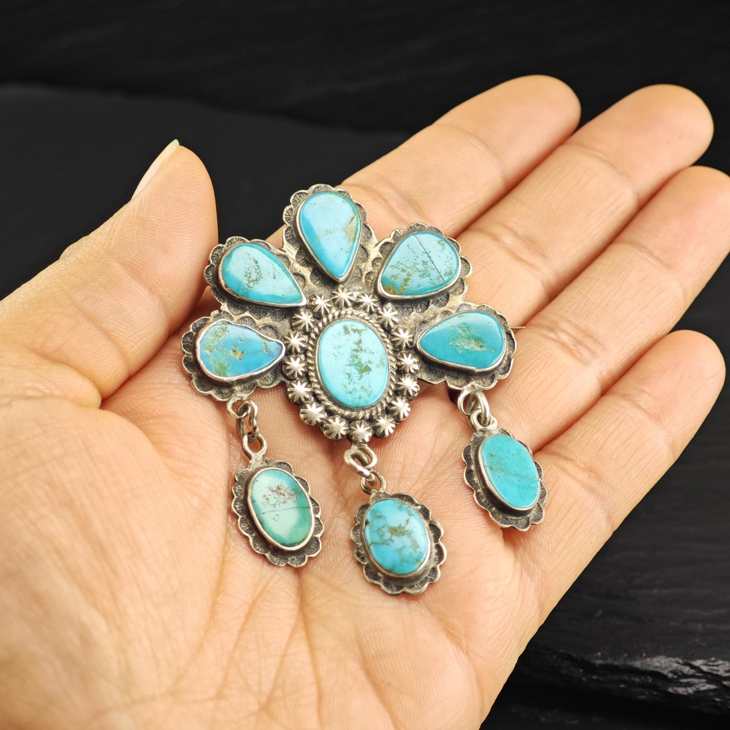 Historic, Native American Turquoise Sterling Silver Brooch