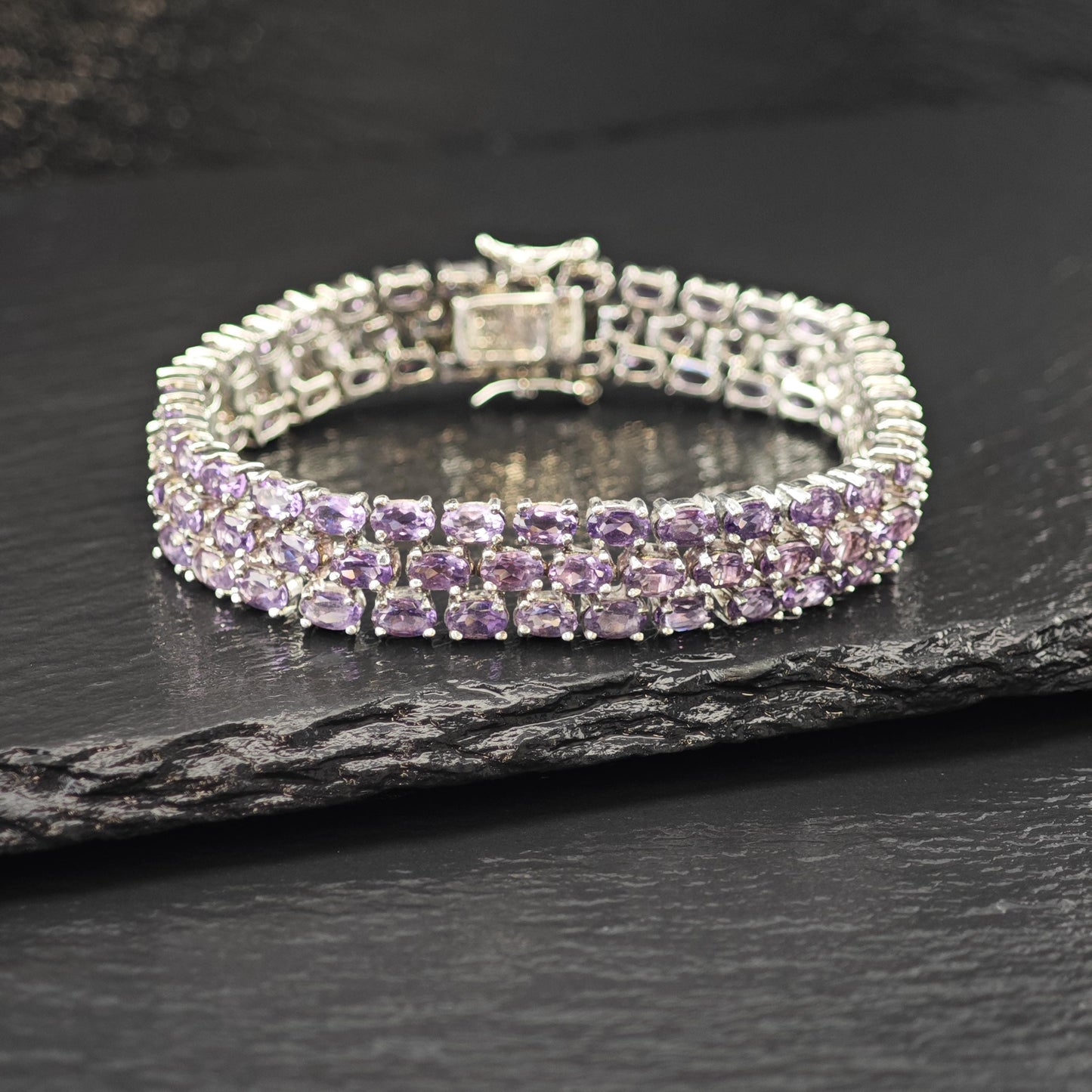 Amethyst Triple Strand Line Bracelet Sterling Silver Size 7"