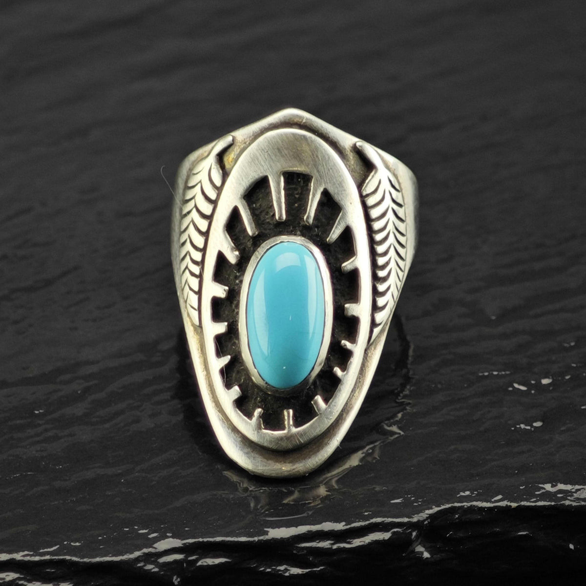 Vintage Ben Nighthorse Turquoise Feather Detail Sterling Silver Ring Sz 8 R6882